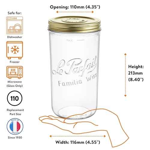 Le Parfait Familia Wiss 48oz (1.5L) Wide Mouth Glass Canning Jar – 1PK Made in France, Airtight 2-Piece Lid, Reusable Zero Waste & Eco-Friendly for Kitchen Storage, Meal Prep & Fermentation - color: 48oz (Single)