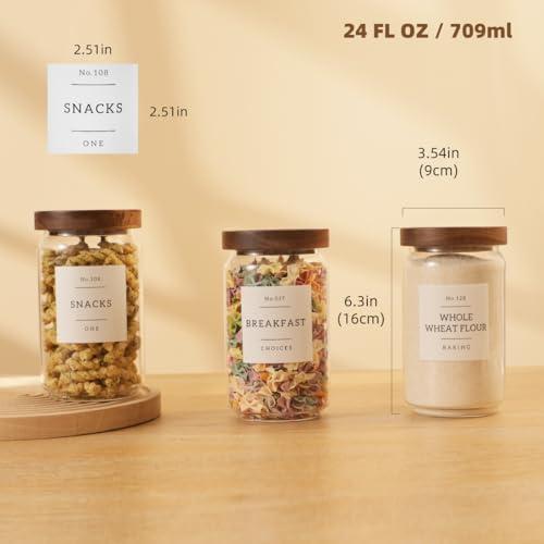 6 Pack Glass Canisters with Airtight Acacia Lids and 132 Kitchen Pantey Labels Preprint - 24 Fl Oz Borosilicate Glass Pantry Storage Jars Containers with Wooden Lids for Tea,Sugar,Cookie,Coffee,Candy - size: 24oz-6 Pack