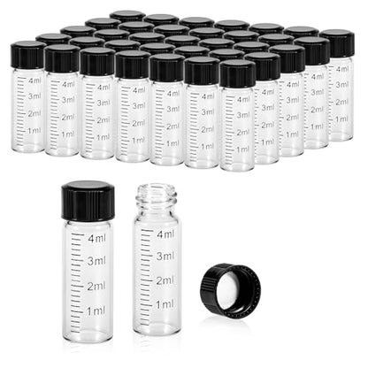 FOUR E'S SCIENTIFIC 4ml Glass Graduated Vials 100 Pack, 1 Dram Clear Lab Sample Vials with Plastic Screw Caps Borosilicate Glass Sample Bottles for Liquid Powder Storage - color: Transparent