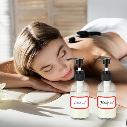 Fumete 2 Pack Glass Bottles 4oz Empty Refillable Liquid Containers with 1 Label 1 Funnel for Essential Oils Hair Travel Plants Cleaning Skin Care(Clear, Black Top,Pump Bottle) - color: Clear, Black Top, style: Pump Bottle