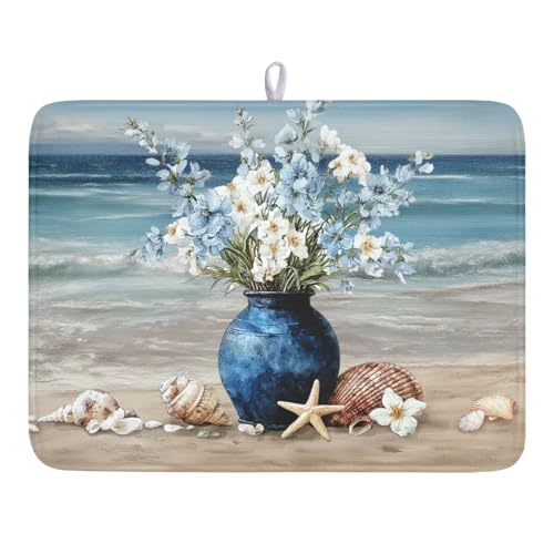 Summer Beach Dish Drying Mat for Kitchen Counter Nautical Coastal Blue Ocean Vase Floral Seashells Microfiber Dish Drainer Mat Absorbent Washable Drying Pad 18"x24" - color: Summer Beach, size: 24" x 18"