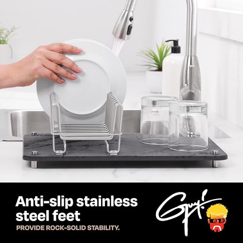 Guy Fieri’s Flavortown Stone Dish Drying Mat 16"x12" with Anti-Slip Stainless Steel Feet, Kitchen Counter Mat, Durable Stone Drying Rack for Dishes and Glassware, Gray Dark Marble - color: Gray Dark Marble