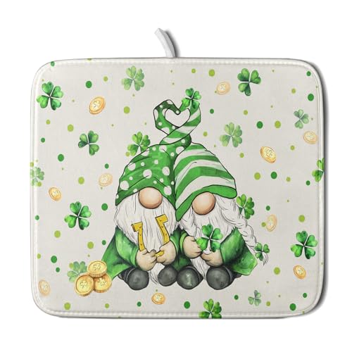St Patrick's Day Gnome Dish Drying Mat 16x18 inch Lucky Shamrock Absorbent Reversible Dishes Drainer Rack Mat for Coffee Bar Kitchen Decor - color: Shamrock Gnome, size: 16" x 18"