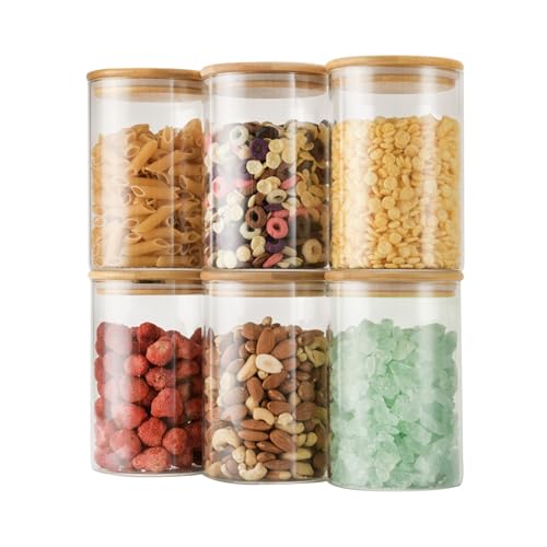 D2scrma 32oz Straight Cylindrical Airtight Storage Containers with Bamboo Lids Set of 6, Round Stackable Canisters, Food Jars, Pantry Organizers for Sugar, Cookies and Coffee beans (with Black Lable)