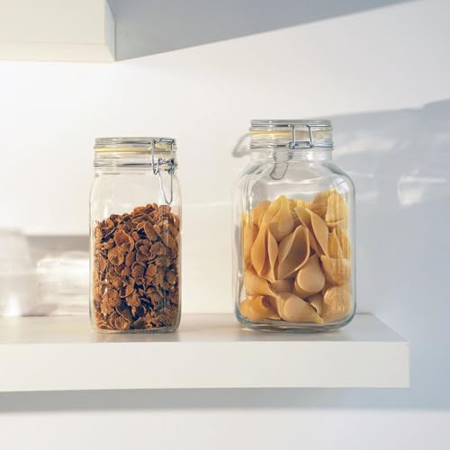 Bormioli Rocco Fido Squared Wide Mouth Glass Jar with Airtight Gasket Clamp Lid for Canning and Food Storage, Clear Top, 50.75 oz.