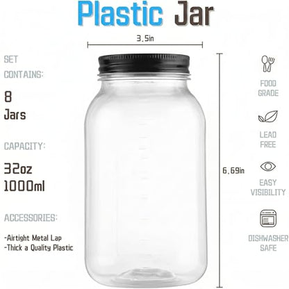 novelinks 32 oz Clear Plastic Jars with Lids and Plastic Mason Jars 32 oz | 8 Pack, Black, Plastic Quart Containers with Lids, Quart Mason Jars Bulk, Large Jars, Mason Jars for Centerpieces - color: Black 8Pack