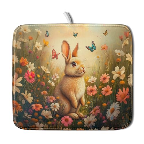 Giwawa Easter Bunny Dish Drying Mat Flower Butterfly Kitchen Drainer Mat 16x18 inch Absorbent Reversible Dish Rack Pad for Counter Tabletop Decor - color: Easter Bunny Flower, size: 16" x 18"