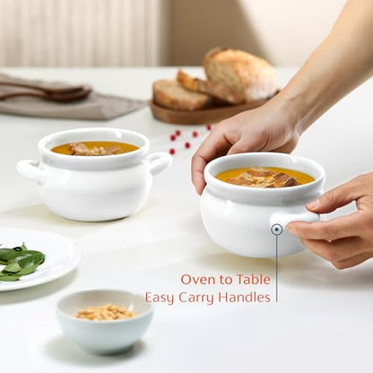 KooK French Onion Soup Crocks with Handles, Ceramic, Dishwasher, Microwave, Oven & Broil Safe, White Set of 4, 18 oz - style: White