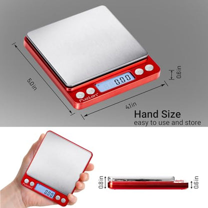 Fuzion Digital Scale .01 Gram Accuracy, 500g Mini Food Scales for Small Jewelry, Gold, Herb, Spice - Weight Gram and Oz - color: Red
