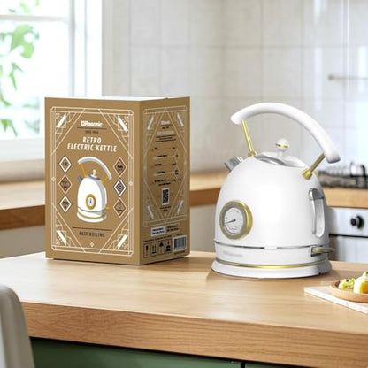 Rasonic Retro Electric Kettle Stainless Steel, 1.8L Tea Water Boiler, 1500W Fast Quiet Boil, Temperature Gauge, Auto Shut-Off, Boil-Dry Protection, White Champagne Gold - color: White