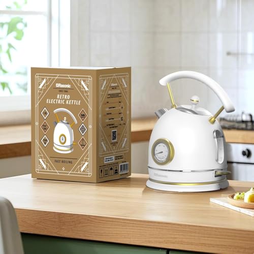 Rasonic Retro Electric Kettle Stainless Steel, 1.8L Tea Water Boiler, 1500W Fast Quiet Boil, Temperature Gauge, Auto Shut-Off, Boil-Dry Protection, White Champagne Gold - color: White