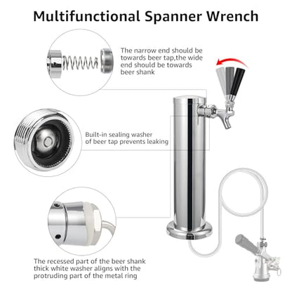 MRbrew Beer Shank Faucet with 1/4'' Barb Fitting, Kegerator Tower Beer Tap Parts - Stainless Core Tap & Hose Clamp, Kegerator Replacement Kit for 3/16'' Liquid Line Homebrew Draft Beer Tower Dispenser