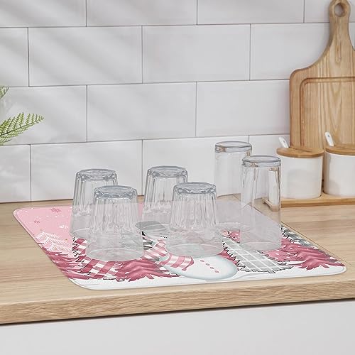 Pink Snowman Christmas Dish Drying Mat for Kitchen Counter, Microfiber Rack Pads, Winter Snowflake Pink Grey Xmas Tree Absorbent Dish Bottle Drying Mat, 18''x24'', 2 Pack - size: 2PCS-18x24in