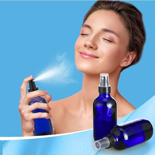 Fumete 2 Pack Glass Bottles 4oz Empty Refillable Liquid Containers with 1 Label 1 Funnel for Essential Oils Hair Travel Plants Cleaning Skin Care(Blue, Black Top,Mist Bottle) - color: Blue, Black Top, style: Mist Bottle
