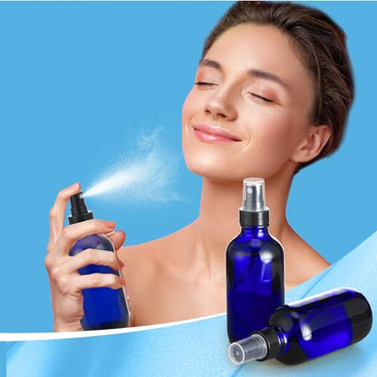 Fumete 2 Pack Glass Bottles 4oz Empty Refillable Liquid Containers with 1 Label 1 Funnel for Essential Oils Hair Travel Plants Cleaning Skin Care(Blue, Black Top,Mist Bottle) - color: Blue, Black Top, style: Mist Bottle