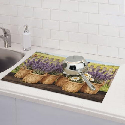 Kitchen Drying Mat for Countertop Lavender Daisy Farmhouse Garden Pattern Non-Slip Kitchen Counter Mat for Dishes Glassware - color: Purple White