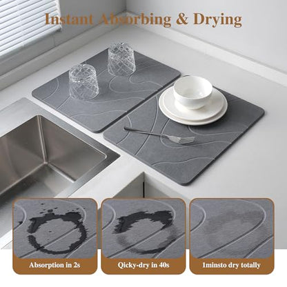 2 Pack Stone Drying Mat for Kitchen Counter, (Gray, 16''x12'') | Quick Dish Drying Stone Mat Kitchen,Stone Dish Drying Mat,Quick-Dry Absorbent Bath & Countertop Stone Dishes Mats - color: Gray