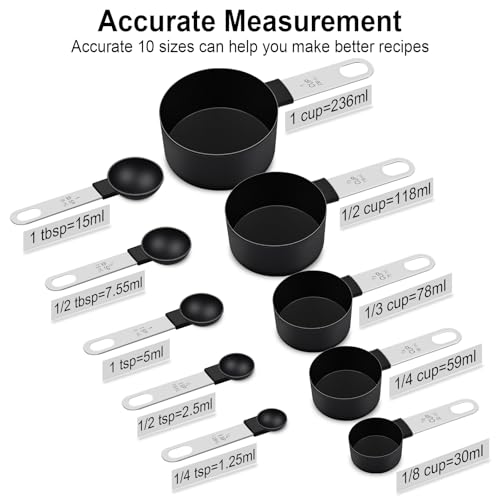 Measuring Cups and Spoons Set, 10 Pieces Nesting Measure Tools, Kitchen Essentials Gadgets with Stainless Steel Handle for Dry & Liquid Ingredient, Black - color: Black 10 Pcs
