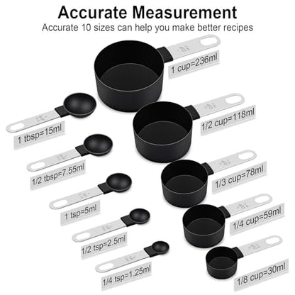 Measuring Cups and Spoons Set, 10 Pieces Nesting Measure Tools, Kitchen Essentials Gadgets with Stainless Steel Handle for Dry & Liquid Ingredient, Black - color: Black 10 Pcs