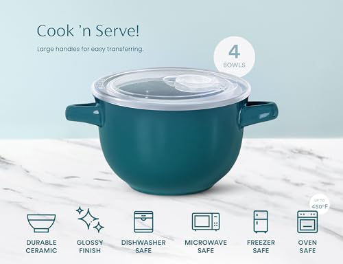 KooK French Onion Soup Bowls, Crocks, Oven Safe Bowls, Soup Mugs, Ceramic Bowls, Dishwasher, Microwave, Set of 4, 18 oz (Teal) - color: Teal