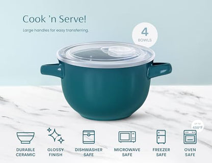 KooK French Onion Soup Bowls, Crocks, Oven Safe Bowls, Soup Mugs, Ceramic Bowls, Dishwasher, Microwave, Set of 4, 18 oz (Teal) - color: Teal