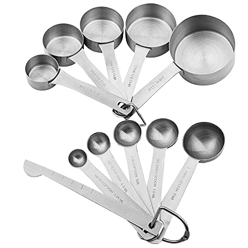 Stainless Steel Measuring Cups and Spoons Set, 18/8(304) Steel Material Heavy Duty 5 Measuring cups and 5 Measuring Spoons 1 Leveler and 2 rings Pack 13pcs Per set - size: C: 5cups+5spoons