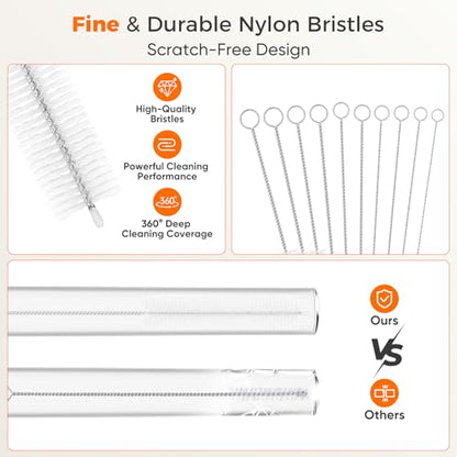 10-Packs Long Straw Cleaner Brush Set, 8.7-Inch, Mixed Sizes | Reusable Stainless Steel Cleaning Brush for Metal Straws, Sippy Cups, Tumblers, Small Water Bottle, Kitchen, Tube, Keyboard