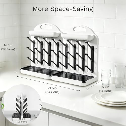 Baby Bottle Drying Rack 2 Pack, 24-Hook Modular Vertical Bottle Drying Rack for Baby Bottles, Pump Parts and Pacifiers, Space Saving Countertop Baby Bottle Organizer with Stable Base and Drip Trays