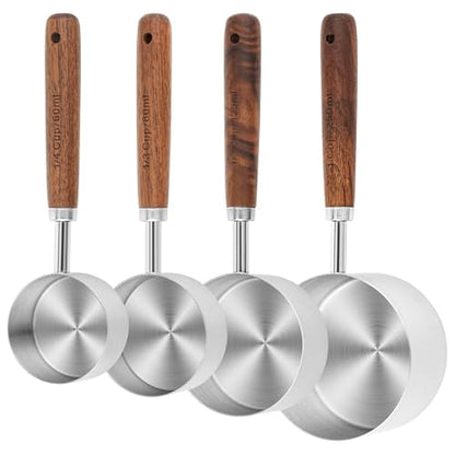 Measuring Cups and Spoons Set 8, 18/8 Stainless Steel Measuring Cups and Spoons Set for Baking and Kitchen, Metric & US Metal Measure Cup & Spoon with Wood Handle for Dry & Liquid - color: Siliver