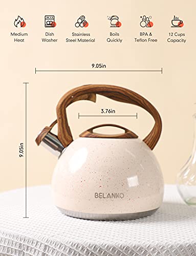 BELANKO 2.7 Quart Tea Kettle for Stovetops - Food Grade Stainless Steel Teapot with Loud Whistle, Cool-Touch Wood Pattern Handle, Rust-Resistant Whistling Kettle - Starry Cream - color: Starry Cream