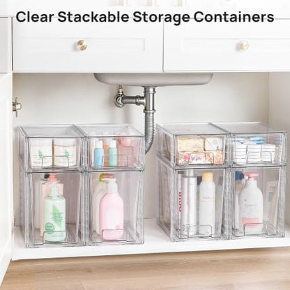 Vtopmart 8 Pack Clear Stackable Storage Drawers, Pull-Out Organizers, 4 Tall and 4 Small for Under Sink, Pantry, Bathroom, Closet and Kitchen Cabinets - style: 4 Large+4 Small