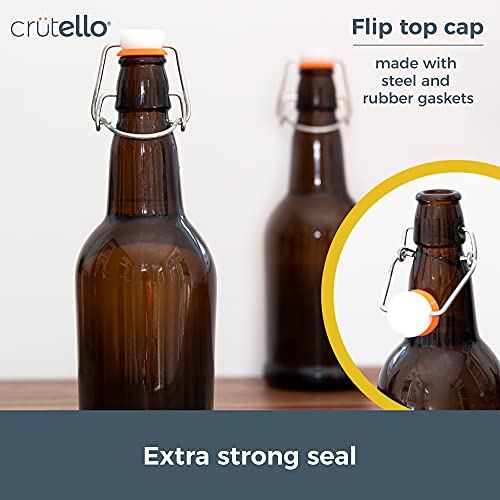 Crutello 16 Ounce Amber Glass Flip Top Beer Bottle for Brewing - Kombucha, Soda, Juice - 12 Pack 16 Oz Glass Bottles with Lids for Fermentation, Storage, Drinking - A Family-Owned American Brand