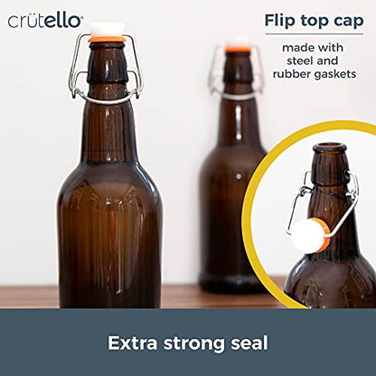 Crutello 16 Ounce Amber Glass Flip Top Beer Bottle for Brewing - Kombucha, Soda, Juice - 12 Pack 16 Oz Glass Bottles with Lids for Fermentation, Storage, Drinking - A Family-Owned American Brand