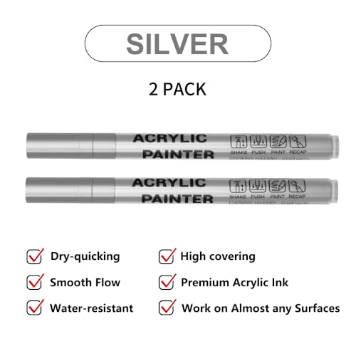 Acrylic Paint Pens Waterproof Markers 2 Silver Permanent Marker Pens Acrylic Pens for Rock Painting Glass Stone Ceramic Metal Fabric Pebble Painting pens Craft Supplies - color: Silver