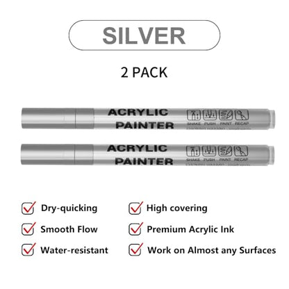 Acrylic Paint Pens Waterproof Markers 2 Silver Permanent Marker Pens Acrylic Pens for Rock Painting Glass Stone Ceramic Metal Fabric Pebble Painting pens Craft Supplies - color: Silver