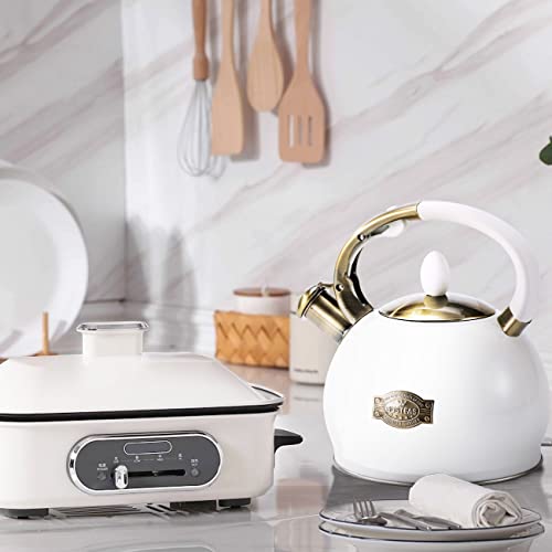 SUSTEAS Stove Top Whistling Tea Kettle - Food Grade Stainless Steel Teakettle Teapot with Cool Touch Ergonomic Handle, With 1 Silicone Pinch Mitt Included, 2.64 Quart(WHITE) - color: White