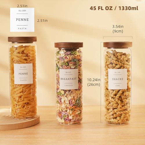 3 Pack Glass Canisters with Airtight Acacia Lids and 132 Kitchen Pantey Labels Preprint - 45 Fl Oz Borosilicate Glass Pantry Storage Jars Containers with Wooden Lids for Tea,Sugar,Cookie,Coffee,Nuts - size: 45oz-3 Pack