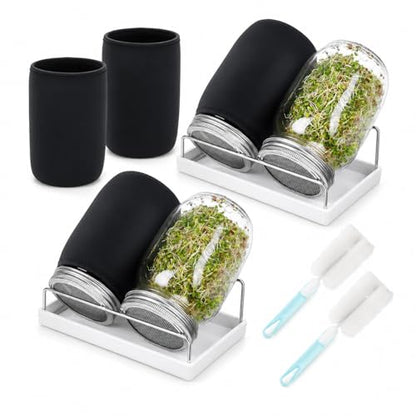 4 Pack Seed Jar Sprouter Kit - Wide Mouth 32oz Mason Jars with Stainless Steel Screen Lids - Blackout Sleeves for Mung Bean & Alfalfa - Complete Sprouting Jar Set with Stand & Drip Tray