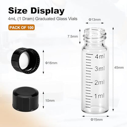 FOUR E'S SCIENTIFIC 4ml Glass Graduated Vials 100 Pack, 1 Dram Clear Lab Sample Vials with Plastic Screw Caps Borosilicate Glass Sample Bottles for Liquid Powder Storage - color: Transparent