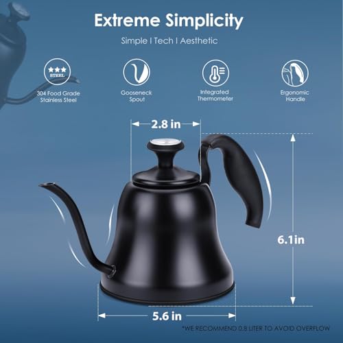 Tea Kettle with Thermometer, Gooseneck Pour Over, 28oz, Matte Black | Food Grade Stainless Steel, Precise Gooseneck Spout, 0.8L, Camping Home Kitchen, Induction & Gas Applicable, 1Pack - style: Matte Black（with Thermometer）