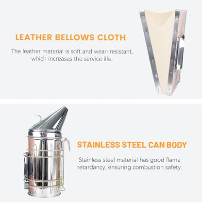 BeeTech Stainless Steel Bee Hive Smoker with Heat Shield Included 54Pcs Smoker Pellets for Beekeeping Starters Supplies