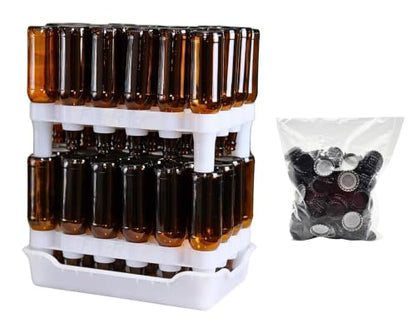 FastRack Complete Bottle Prep Kit | (2) Stackable Beer Bottle Drying Racks, (1) Drip Tray & (144) Black Crown Caps | Storage Tree Alternative for Homebrewing & Wine Making