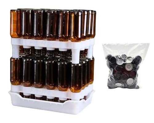 FastRack Complete Bottle Prep Kit | (2) Stackable Beer Bottle Drying Racks, (1) Drip Tray & (144) Black Crown Caps | Storage Tree Alternative for Homebrewing & Wine Making