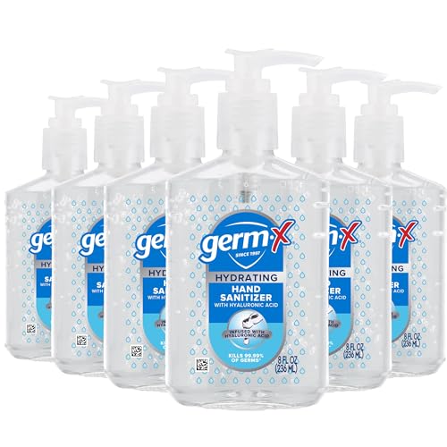 Germ-X Hydrating Hand Sanitizer, with Hyaluronic Acid, 8 FL Oz (Pack of 6), No Rinse Formula, Sanitizing Liquid Gel for All Skin Types, Formulated Without Parabens, Phthalates & Dyes - size: 8 Fl Oz (Pack of 6)