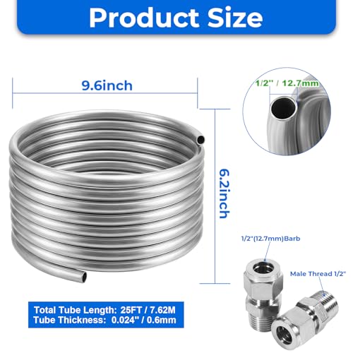 Wort Chiller 1/2" x 25FT, Food Grade 304 Stainless Steel Immersion Chiller Coil, Ice Bath Water Chiller Beer Chiller Water Cooler Tubing Coil for Beer Brewing, with 2PCS 1/2'' Connection Barbs - size: 1/2" x 25 Ft Wort Chiller