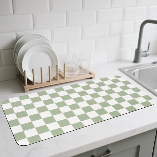 CooRug Checkered Dish Drying Mat for Kitchen Counter, Absorbent Non-Slip Coffee Mat, Heat Resistant Mat for Countertops Coffee Bar Decor 17" x 32" Green - size: 17" x 32"