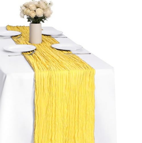 Yellow Cheesecloth Table Runner -21*120Inch Long Boho Wedding Table Decor, Rustic Gauze Fabric Runner for Bridal Showers, Baby Showers & Parties (Sheer, Lightweight, Wrinkled Design) - color: Yellow, size: 120*21-1pack