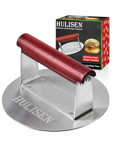 HULISEN 6.2" Stainless Steel Smashed Burger Press with Extra Wide Heat-Resistant Wood Handle, Burger Smasher for Flat Top Griddle, Grill, Skillet, Cast Iron Pan, Hamburger Cooking Accessories - size: 6.2 inch with Wood Handle