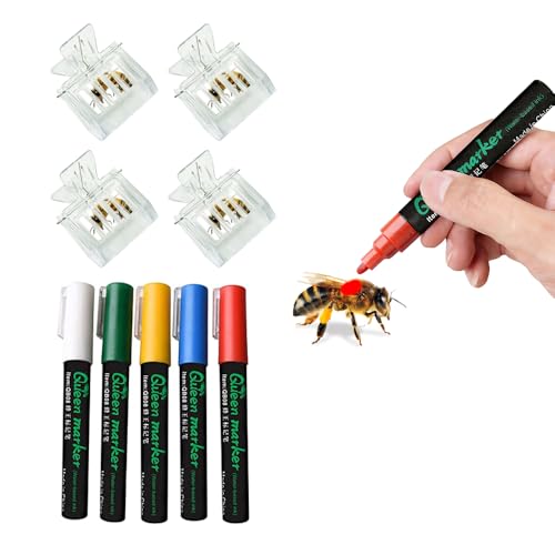 Queen Bee Marking Kit - 5 Standard Colors Marker Pen Set with 4 Clear Plastic Queen Catcher Clips, Safe Gentle Queen Bee for Beekeeping Beginners