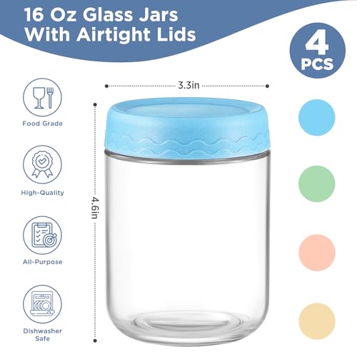 DRKIO 16 Oz Overnight Oats Containers with Lids - 4 Pack Glass Storage Jars with Airtight Lids Wide Mouth Mason Food Jars Great for Meal Prep Salad Chia Pudding Snacks Yogurt Sugar Spice Cereal - color: 16 Oz - 4 Colors